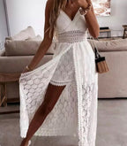 Robe nuisette femme col V à dentelle, blanc ou beige, 32 au 50