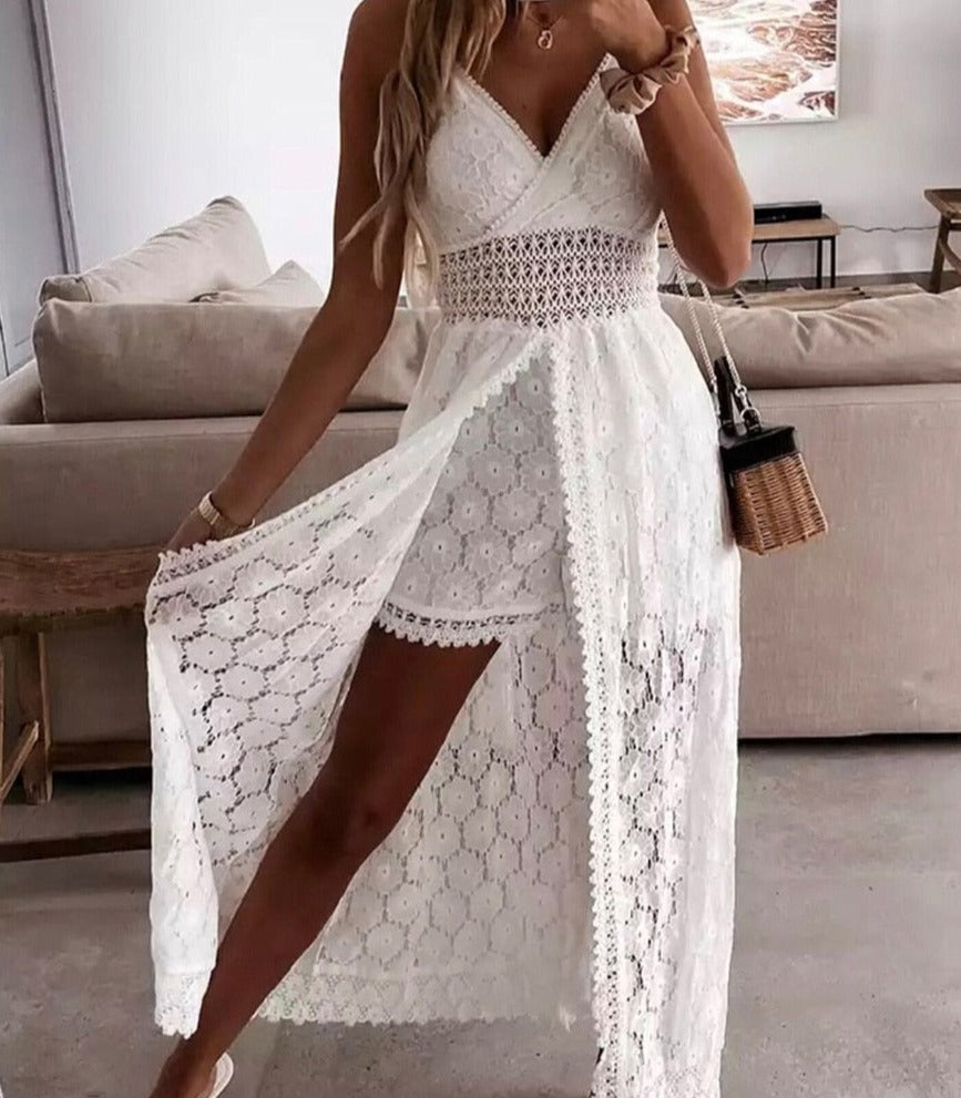 Robe nuisette femme col V à dentelle, blanc ou beige, 32 au 50