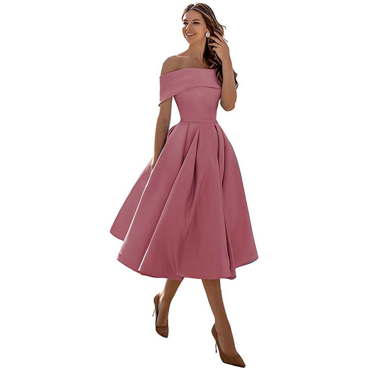 Robe de soirée satinée femme, coupe fluide, cinq coloris, rose