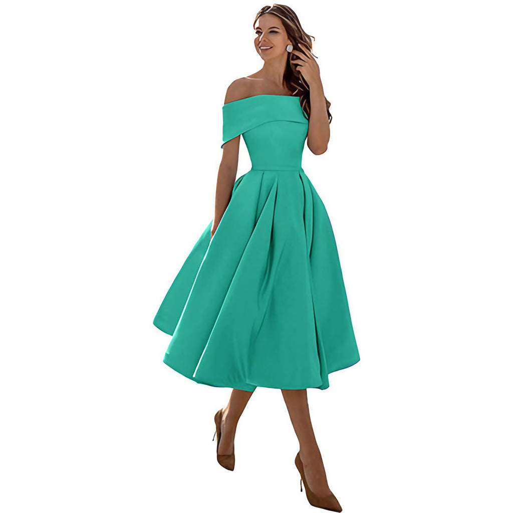 Robe de soirée satinée femme, coupe fluide, cinq coloris, bleu vert