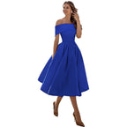 Robe de soirée satinée femme, coupe fluide, cinq coloris, bleu