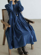 Robe en velours femme, ligne épurée, bleu ou marron, bleu