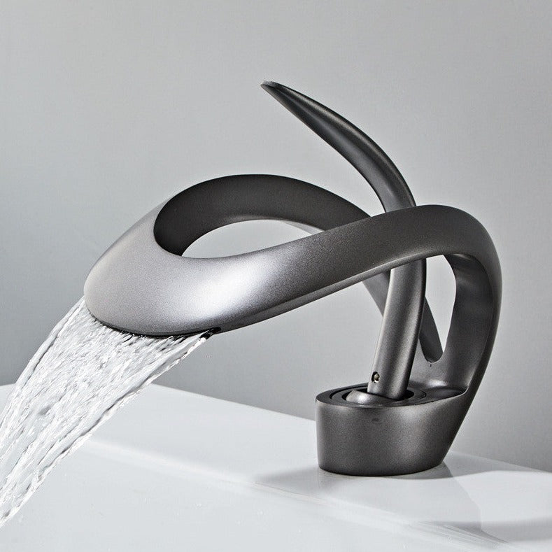 Mitigeur de lavabo à bec cascade en laiton, monocommande, gris