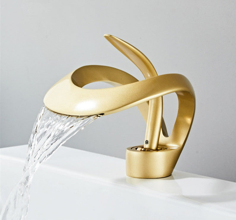 Mitigeur de lavabo à bec cascade en laiton, monocommande, or brossé