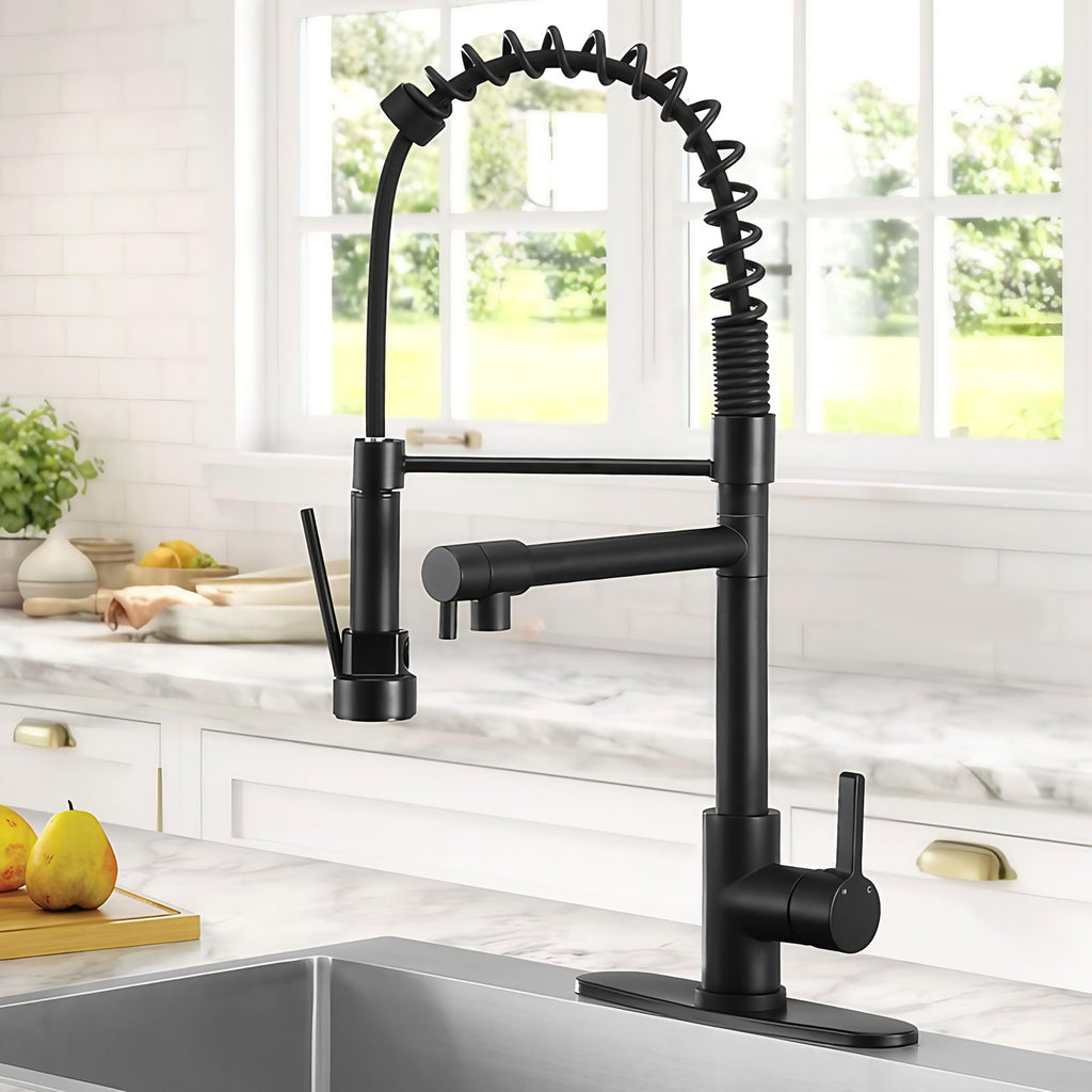 Mitigeur de cuisine noir mat en laiton, douchette extractible