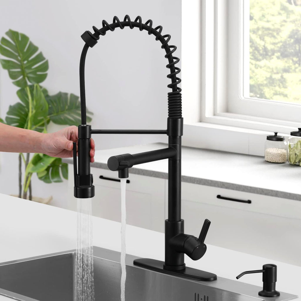 Mitigeur de cuisine noir mat en laiton, douchette extractible