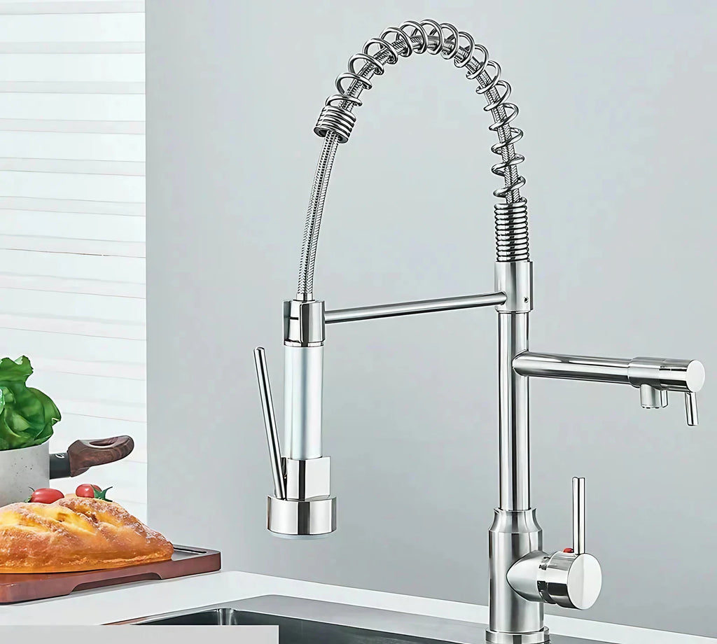 Robinet de cuisine à bec pivotant 360°, double jet, acier inoxydable