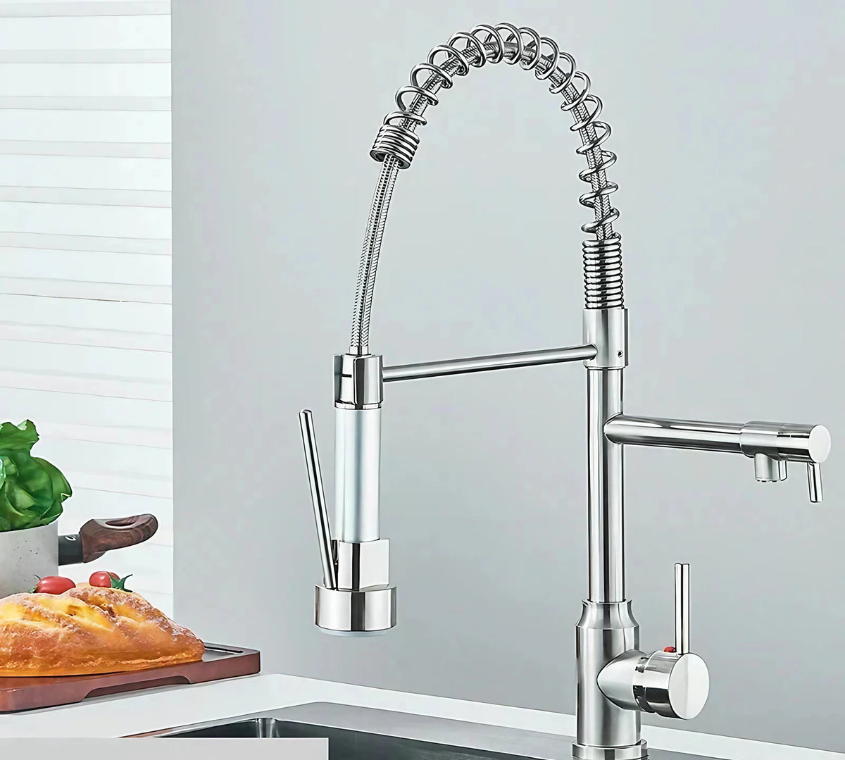 Robinet de cuisine à bec pivotant 360°, double jet, acier inoxydable