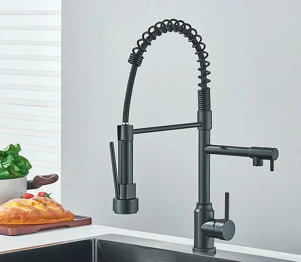 Robinet de cuisine à bec pivotant 360°, double jet, acier inoxydable