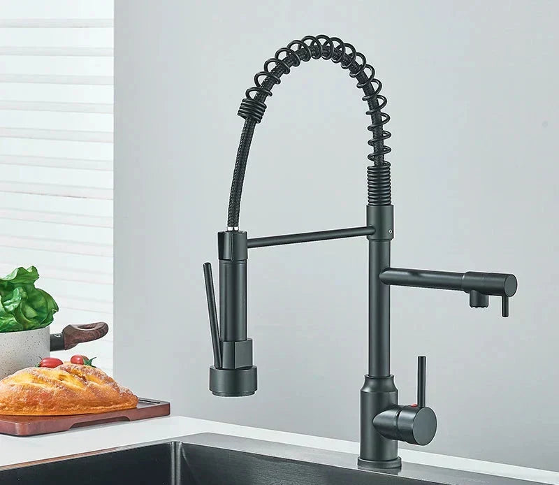 Robinet de cuisine à bec pivotant 360°, double jet, acier inoxydable