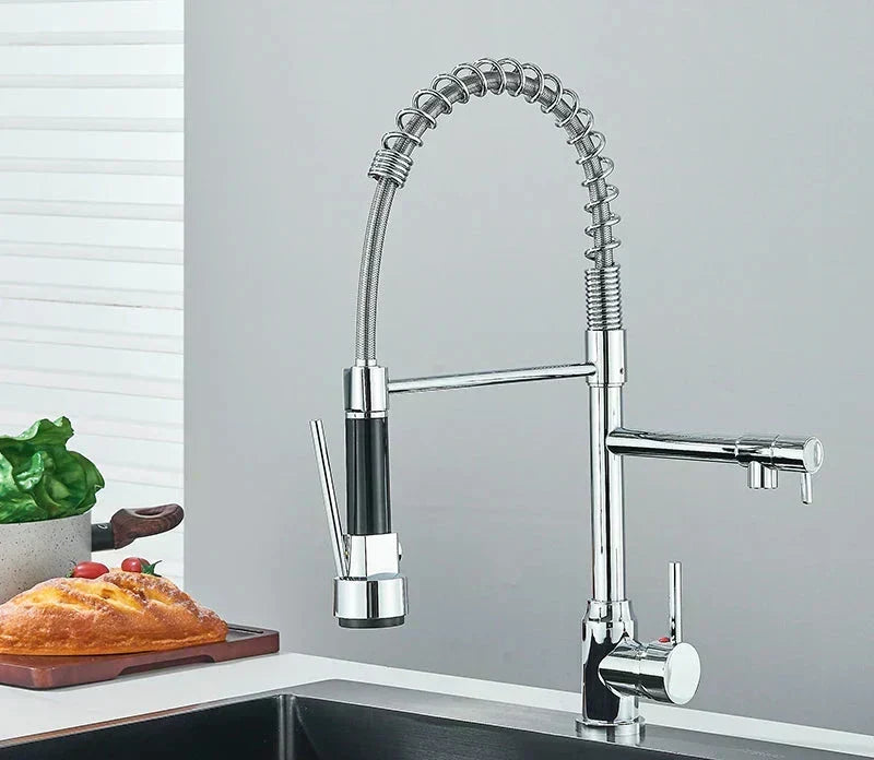 Robinet de cuisine à bec pivotant 360°, double jet, acier inoxydable