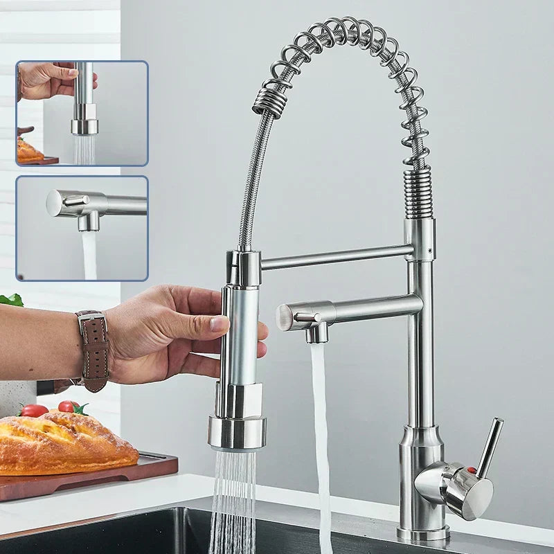 Robinet de cuisine à bec pivotant 360°, double jet, acier inoxydable