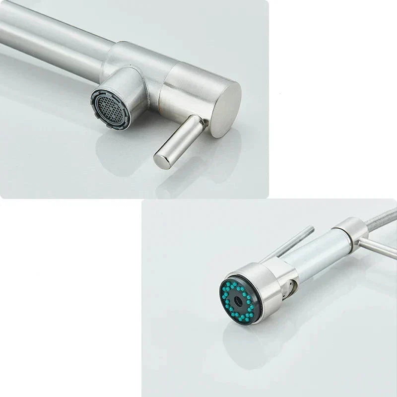 Robinet de cuisine à bec pivotant 360°, double jet, acier inoxydable