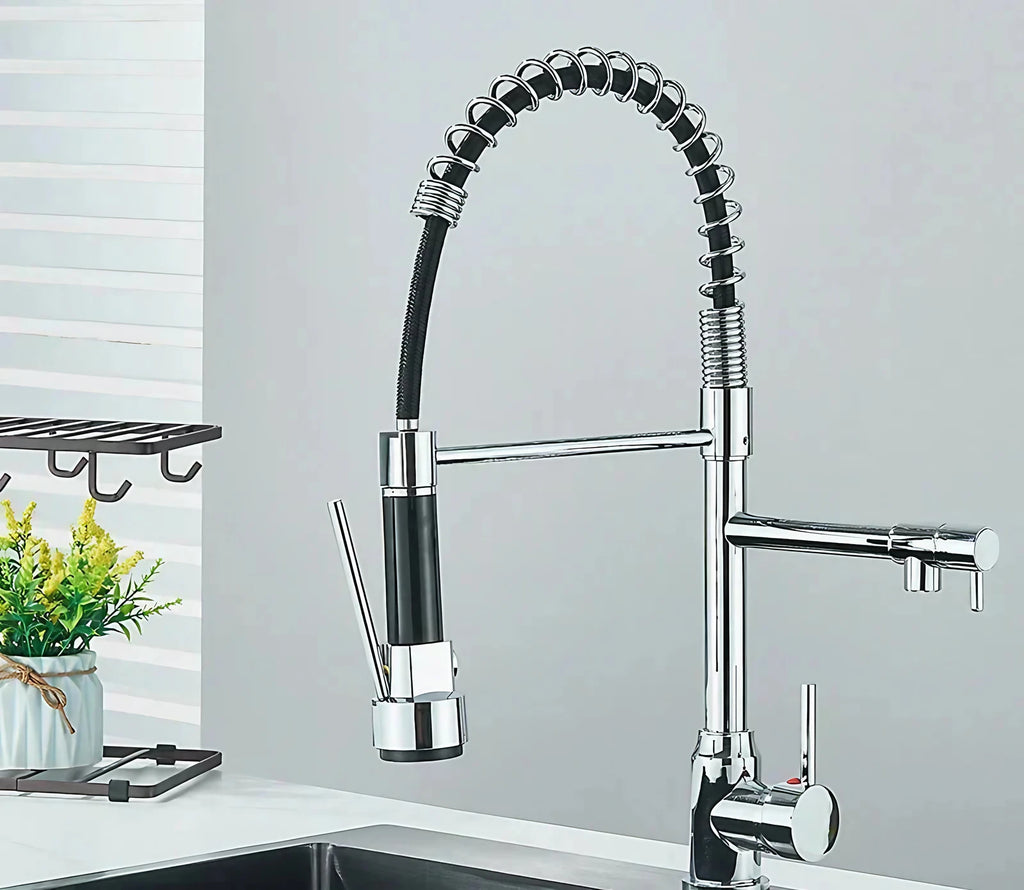 Robinet de cuisine à bec pivotant 360°, double jet, acier inoxydable