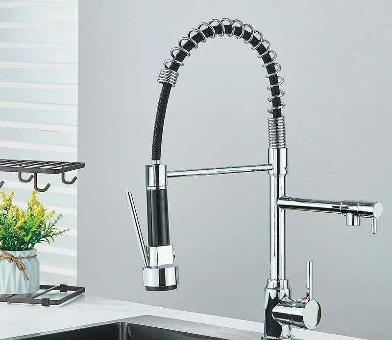 Robinet de cuisine à bec pivotant 360°, double jet, acier inoxydable