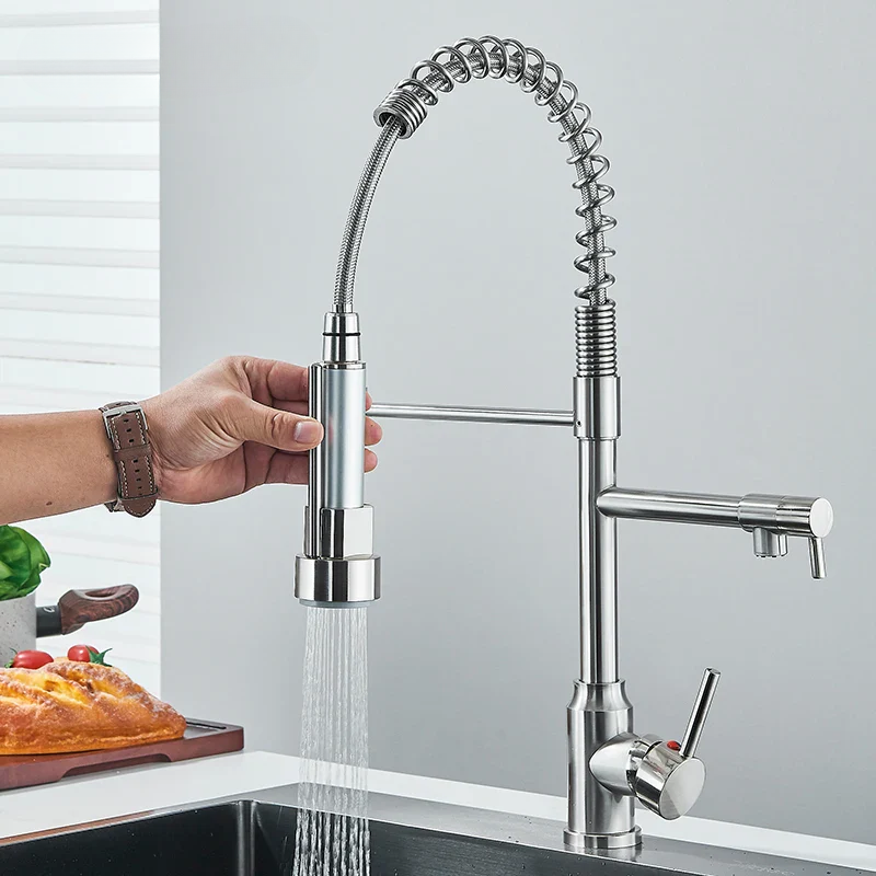Robinet de cuisine à bec pivotant 360°, double jet, acier inoxydable