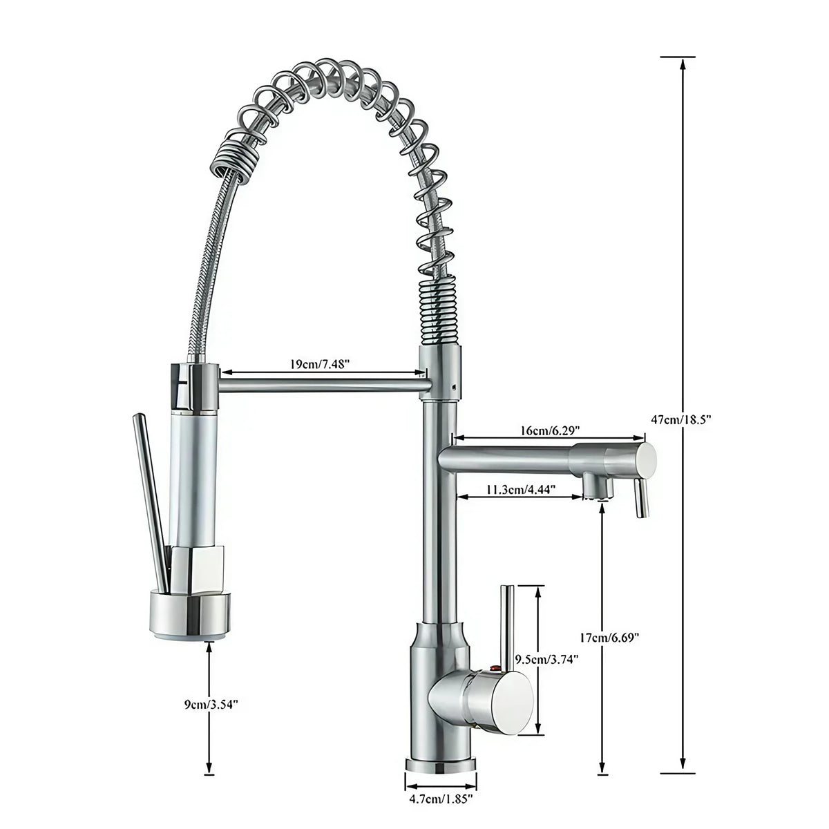 Robinet de cuisine à bec pivotant 360°, double jet, acier inoxydable
