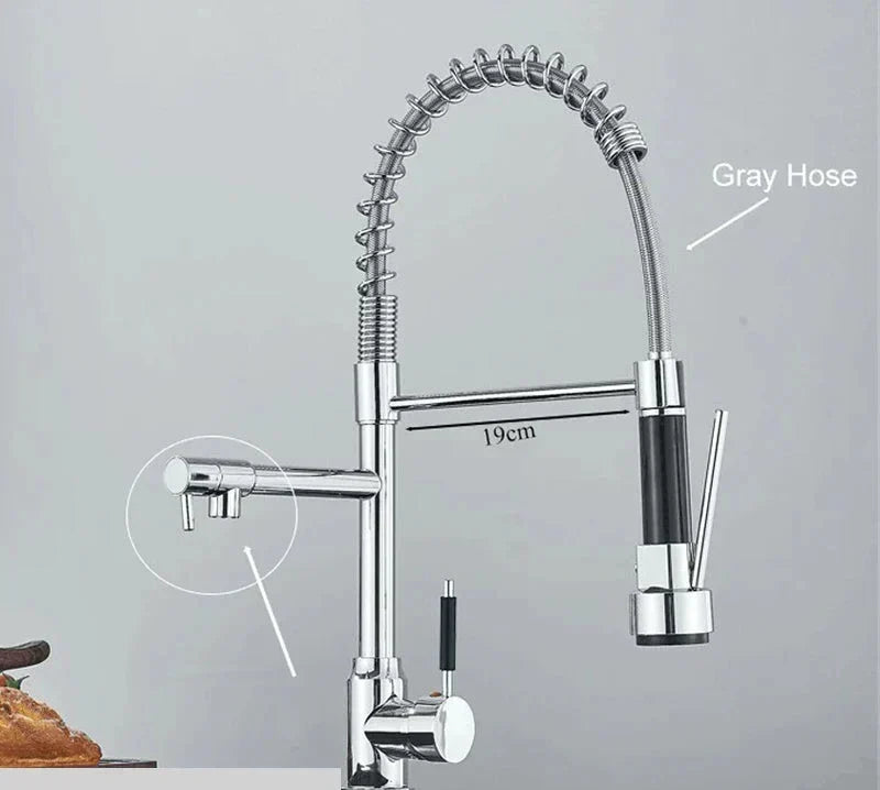 Robinet de cuisine à bec pivotant 360°, double jet, acier inoxydable