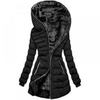 Parka femme d'hiver à capuche bordée de fausse fourrure, noir