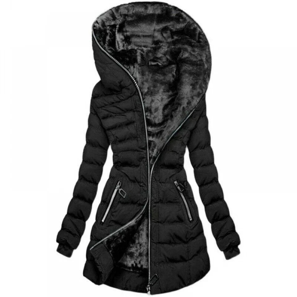 Parka femme d'hiver à capuche bordée de fausse fourrure, noir