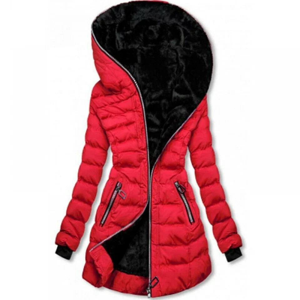 Parka femme d'hiver à capuche bordée de fausse fourrure, rouge