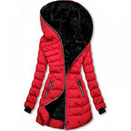 Parka femme d'hiver à capuche bordée de fausse fourrure, rouge