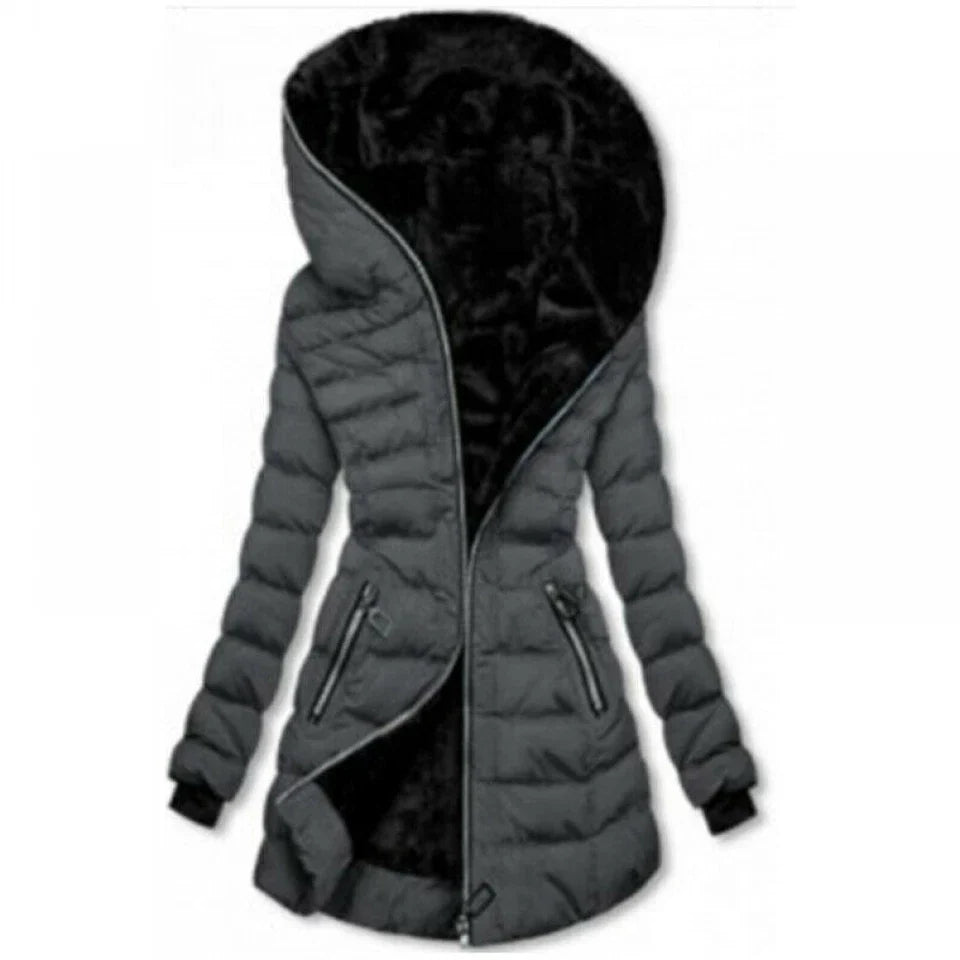 Parka femme d'hiver à capuche bordée de fausse fourrure, gris