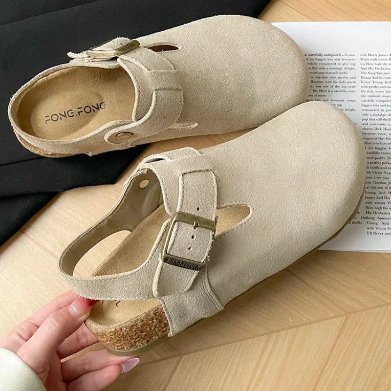 Sabots femme en daim, semelle en liège, boucle réglable
