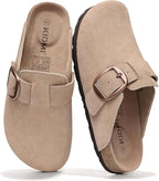Sabots femme en cuir suédé, bride à boucle, semelle en liège, taupe