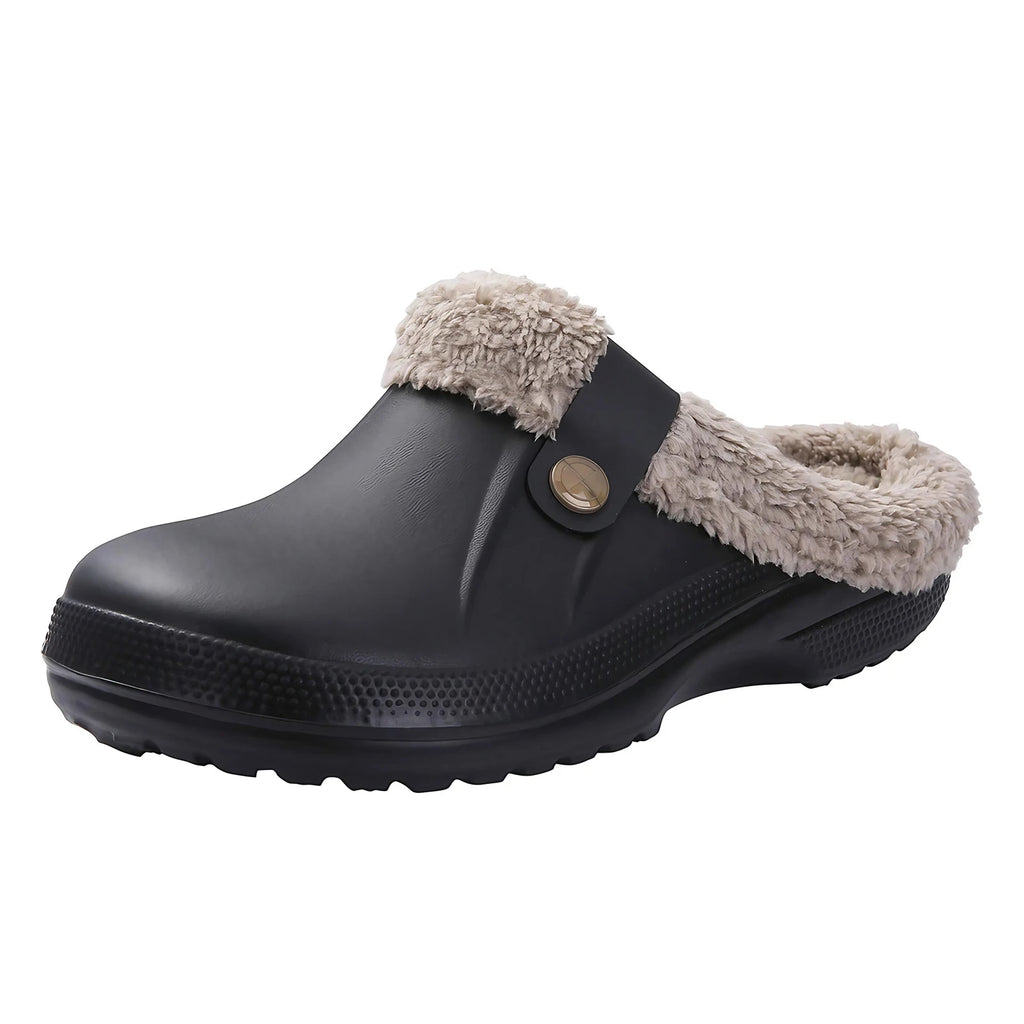 Sabots fourrés mixtes, doublure épaisse, semelle antidérapante, noir