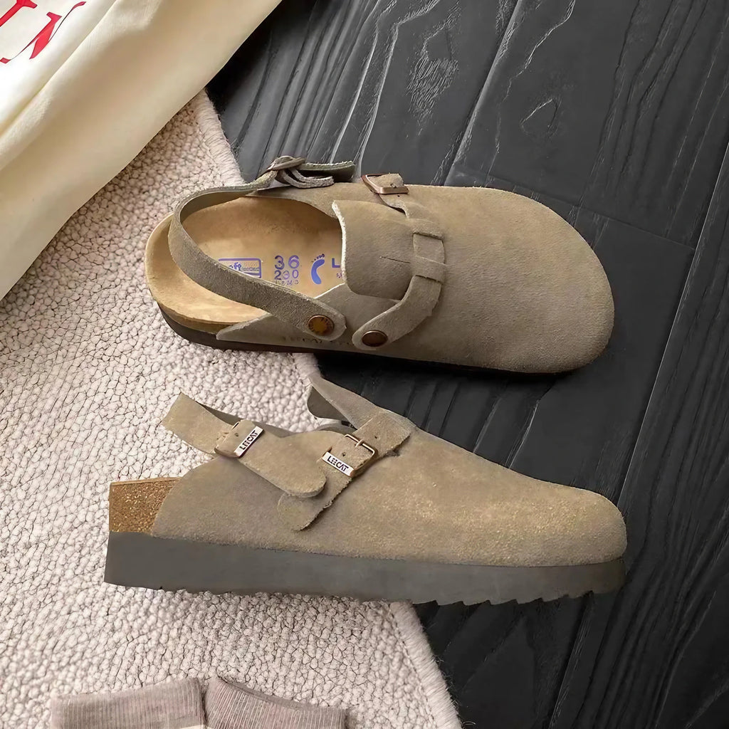Sabots à plateforme en daim, semelle en caoutchouc, beige