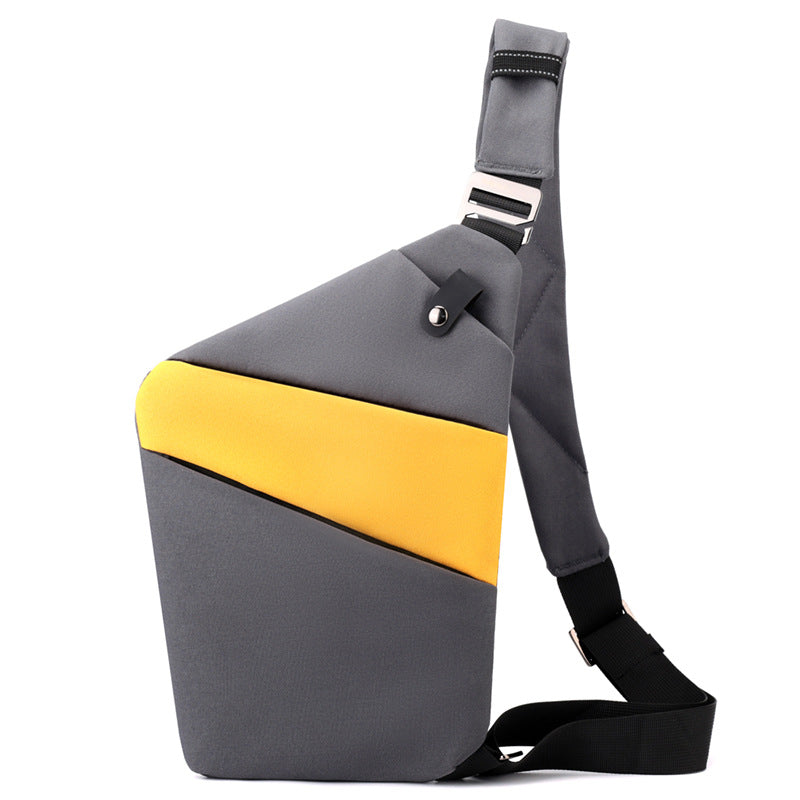 Sac bandoulière antivol à poches cachées, épaule droite ou gauche, gris foncé et jaune, épaule droite