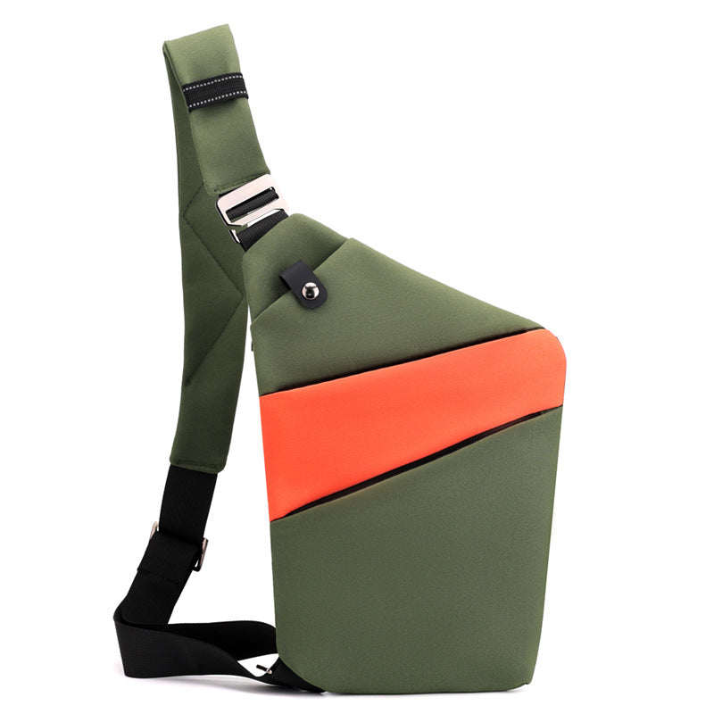 Sac bandoulière antivol à poches cachées, épaule droite ou gauche, vert et orange, épaule gauche