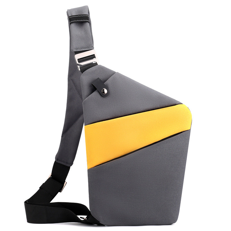 Sac bandoulière antivol à poches cachées, épaule droite ou gauche, gris foncé et jaune, épaule gauche