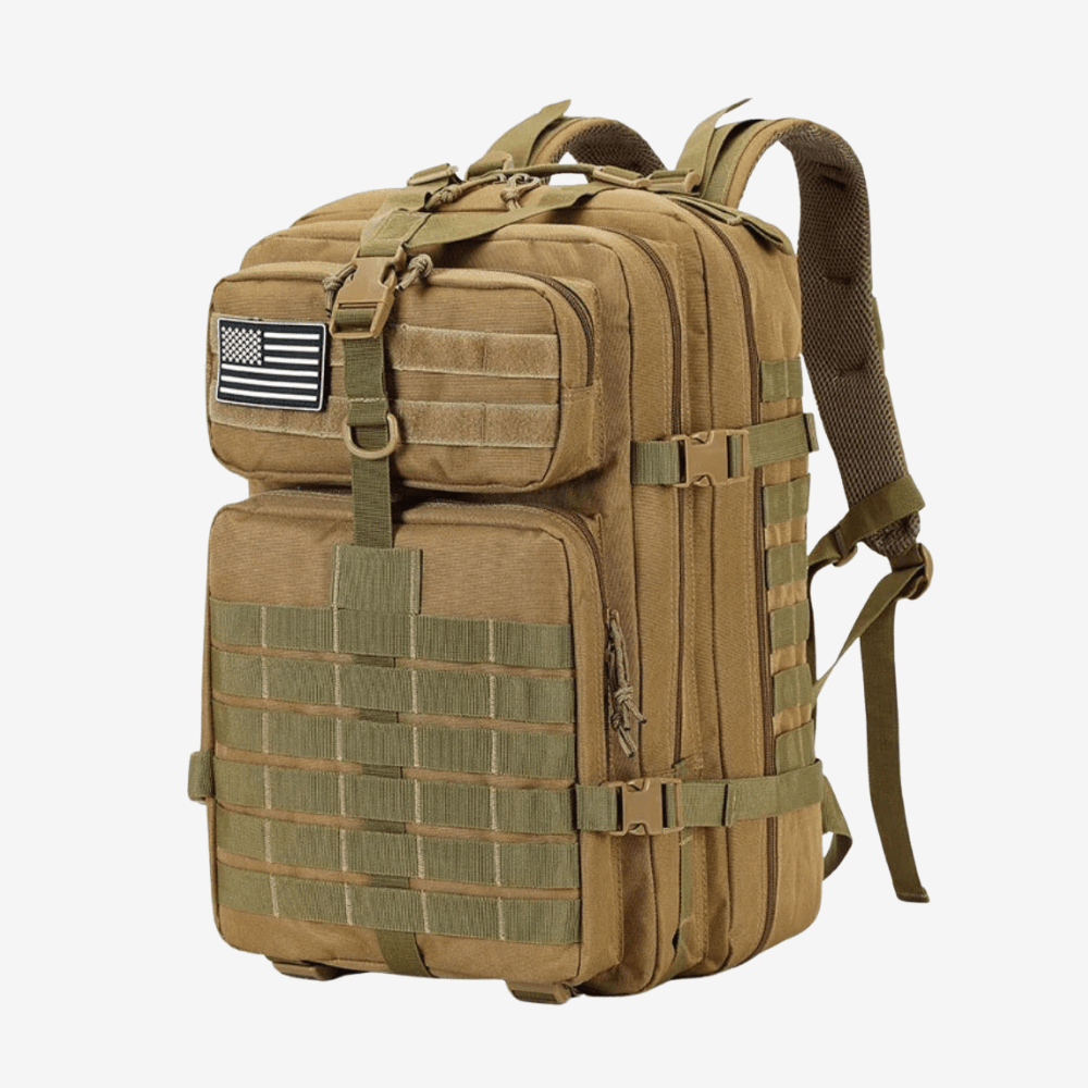 Sac à dos imperméable 50 litres en nylon, trois compartiments, beige