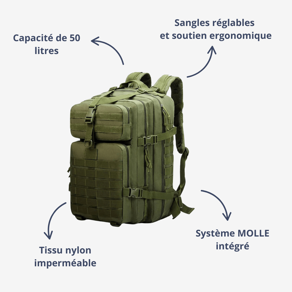 Sac à dos imperméable 50 litres en nylon, trois compartiments