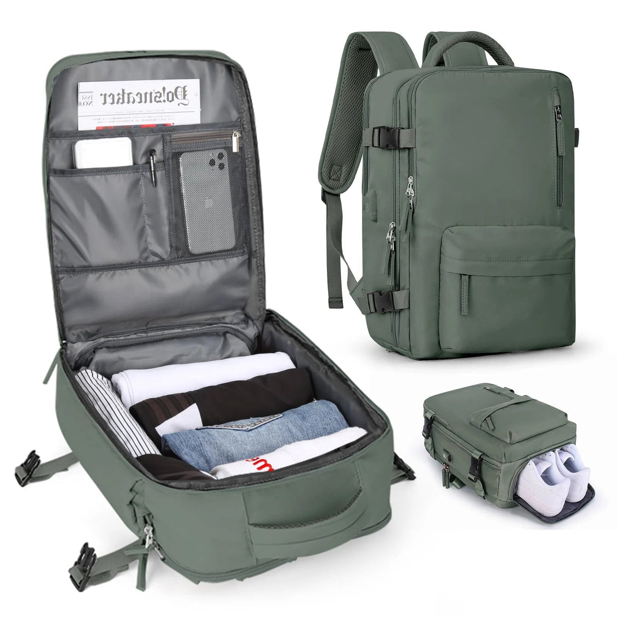 Sac à dos imperméable pour ordinateur 14 pouces, port USB, vert