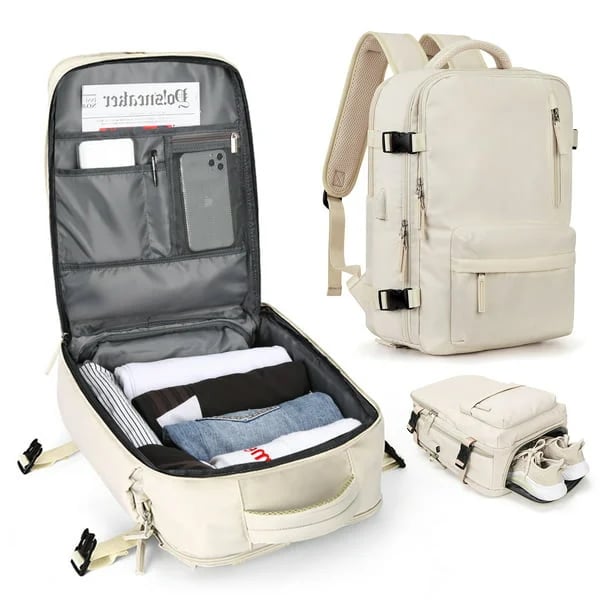 Sac à dos imperméable pour ordinateur 14 pouces, port USB, beige