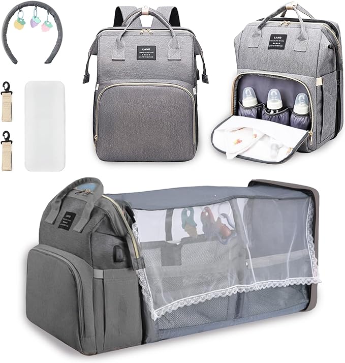 Sac à langer 3 en 1, sac à dos transformable en lit nomade, gris