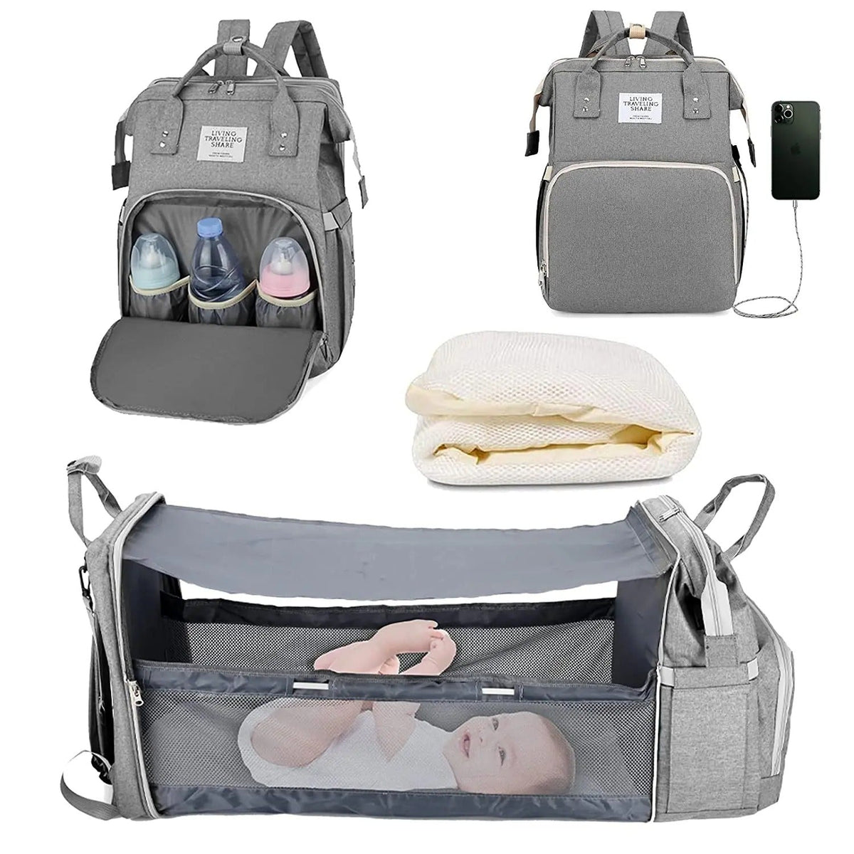 Sac à langer 3 en 1, sac à dos transformable en lit nomade