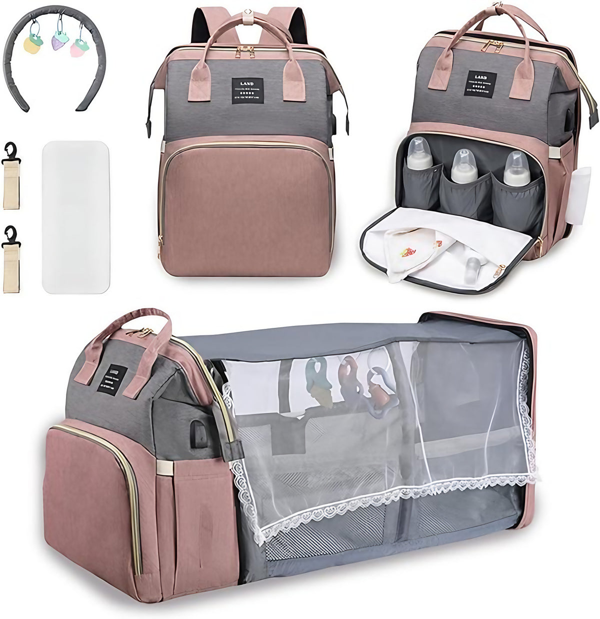 Sac à langer 3 en 1, sac à dos transformable en lit nomade, rose