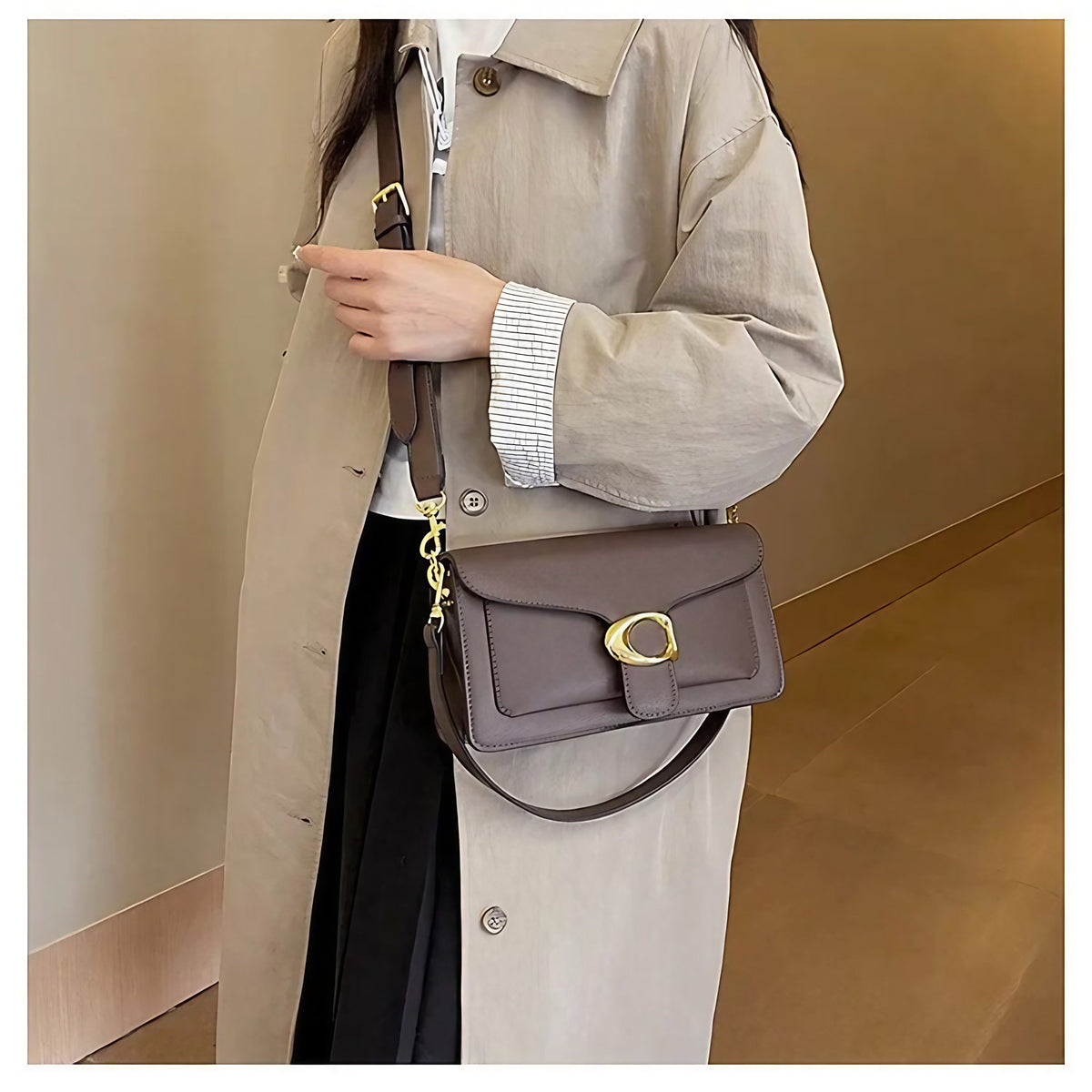 Sac à main femme structuré, bandoulière réglable, cinq coloris, marron foncé
