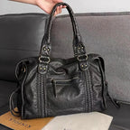 Sac à main noir format A4, bandoulière amovible, poches, noir