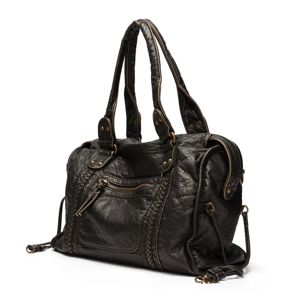 Sac à main noir format A4, bandoulière amovible, poches