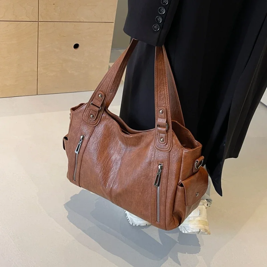 Sac bandoulière femme spacieux à poches, format ordinateur, marron clair