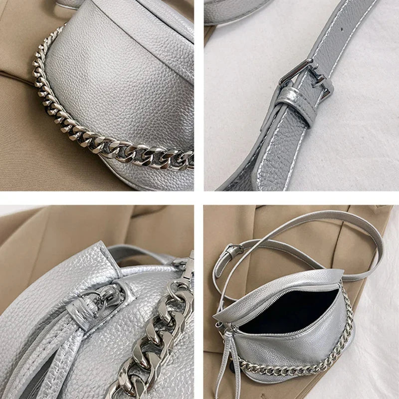 Sac banane femme argenté avec chaîne à maillons amovible