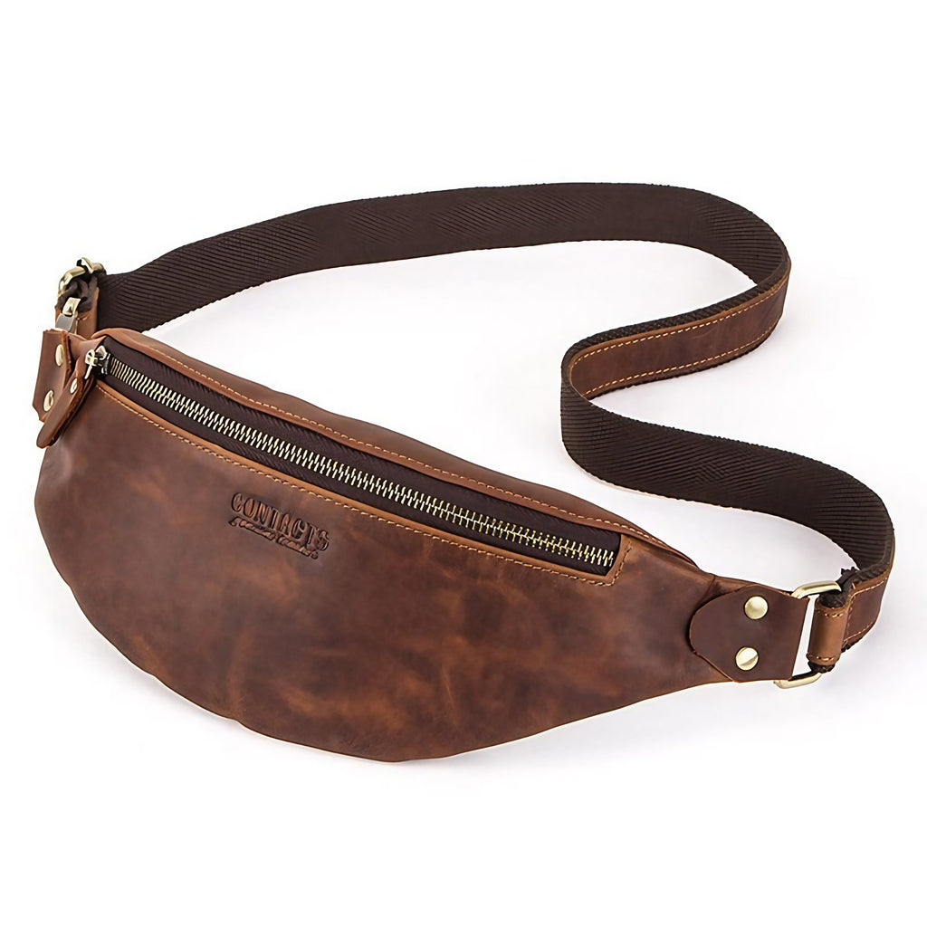 Sac banane homme à sangle réglable, porté taille ou croisé, café