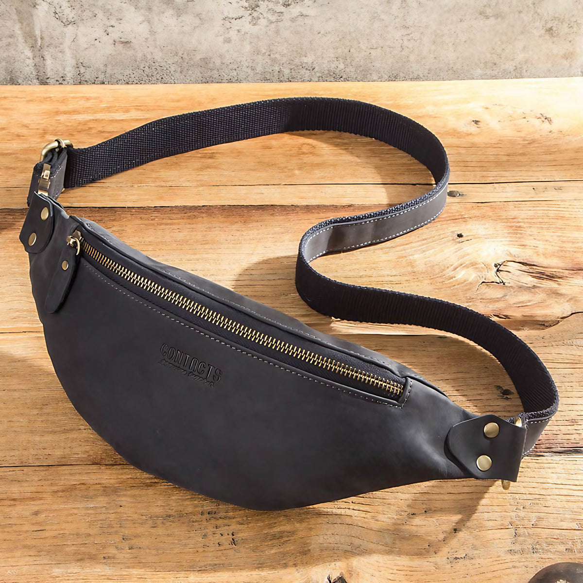 Sac banane homme en cuir, plat et léger, 290 g, bleu