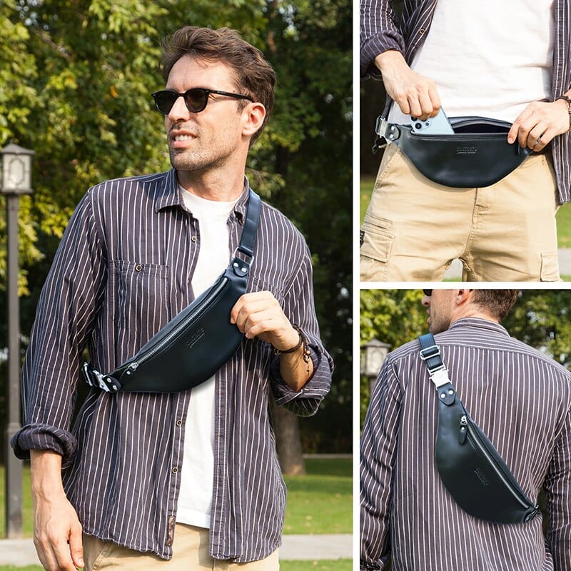 Sac banane homme en cuir, plat et léger, 290 g