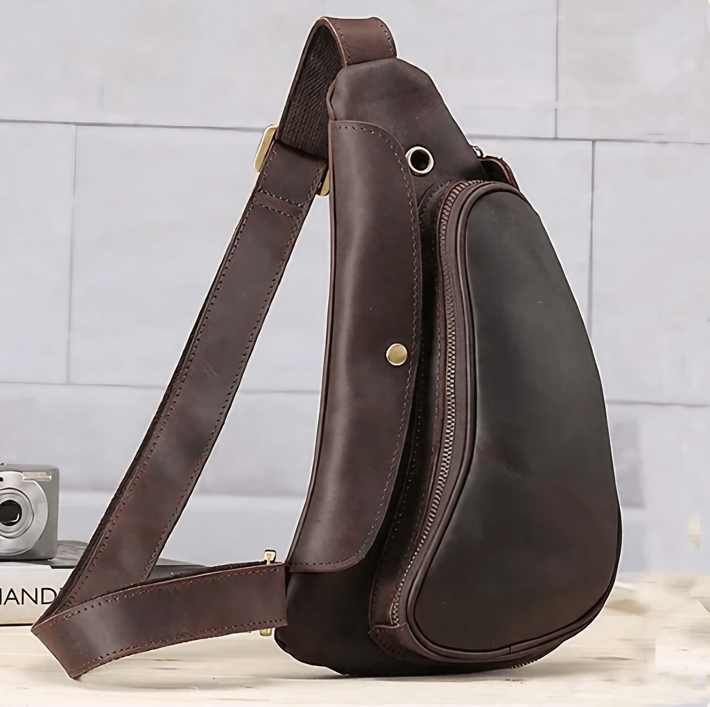 Sac banane homme en cuir couleur café, aspect vintage, café